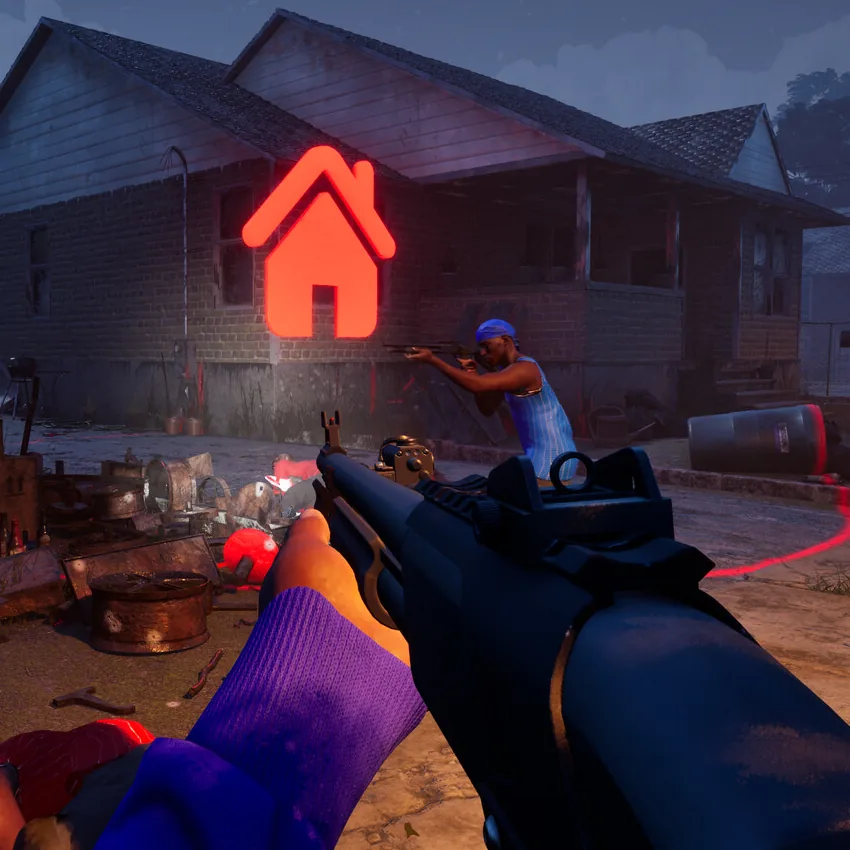 Red house-shaped territory marker glowing above a Suburbs street firefight at night