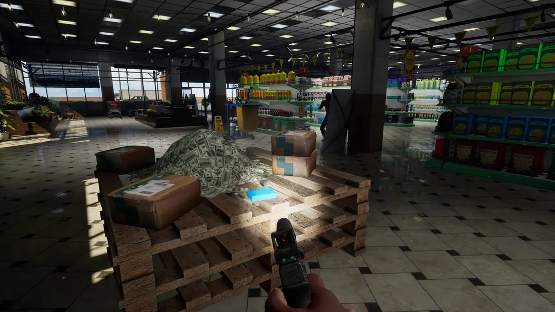 First-person pistol aimed at a money pallet inside a Hood Warfare 2 supermarket